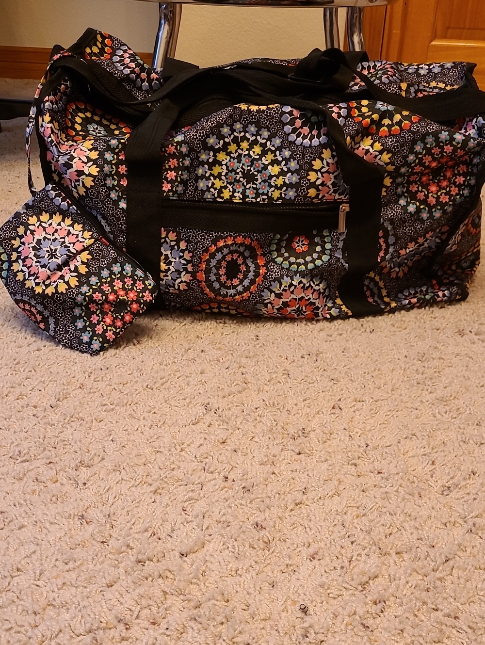 In Stitches Floral Pattern Black Travel Duffle Bag With Matching Small Pouch